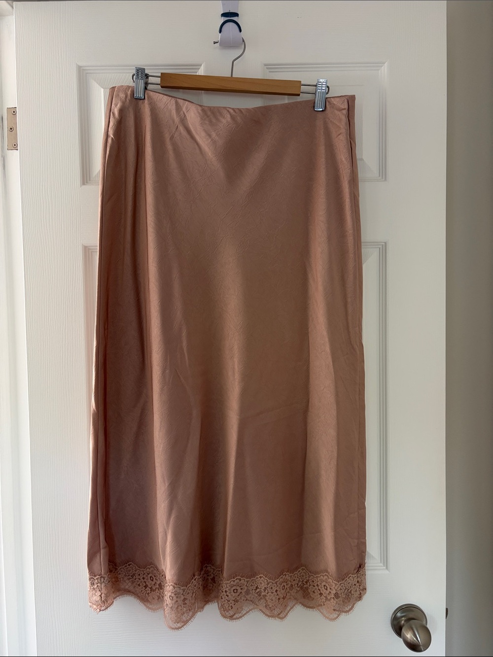 a new day Rose Gold Pink Midi Slip Skirt with Lace Hem